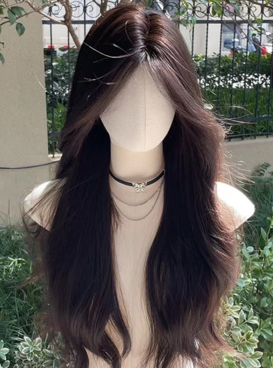 【New collection】 Dark brown Long Wavy Wig no Bangs |  Synthetic Wig | 26 Inches