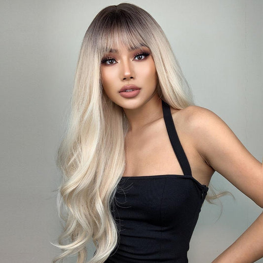 7# Ombre Platinum Blonde Long Silky Wave Wig With Certain Bangs Fringe Loose Wave Wig For Woman |  Synthentic Wigs | 30 Inches