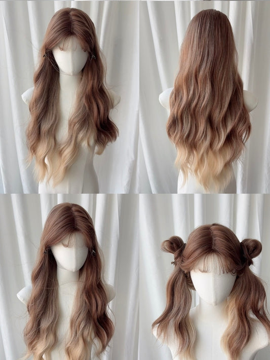 【New collection】Honeyed brown ombre long curly Wig With Bangs |  Synthetic Wig | 32 Inches