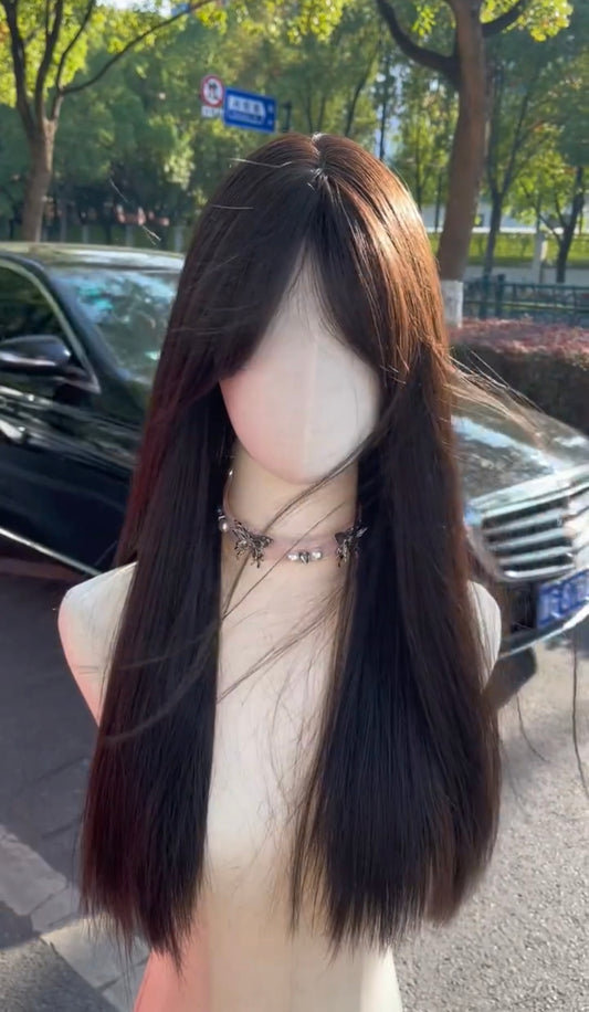 【New collection】Dark brown straight slide Bangs |  Synthetic Wig | 24 Inches
