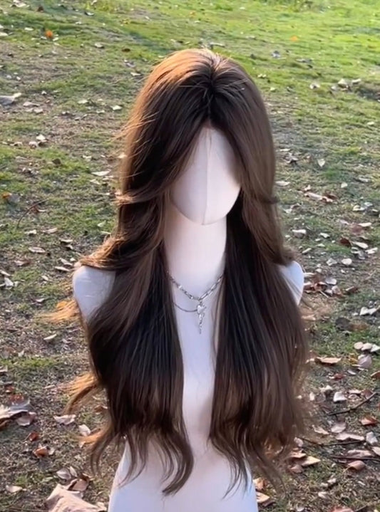 【New collection】Lace Wig cold brown color wavy no Bangs |  Synthetic Wig | 26 Inches
