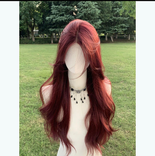 【New collection】 Lace wig Red Long Wavy Wig no Bangs |  Synthetic Wig | 26 Inches