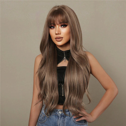 10# Brown Long Loose Wavy Wig With Curtain Bangs Fringe Long Cutly Wig For Woman  | Synthentic wig | 28 inches