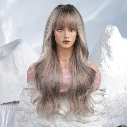 6# Ombre Light brown Long Wavy Wig With Fringe Bangs Big Wave Wig For Woman  |  Synthetic Wig  | 28 Inches